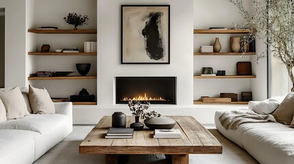 A warm and inviting living room with a rustic barn wood coffee table as the centerpiece, a minimalist white fireplace with soft flames, floating wooden shelves adorned with books and plants,