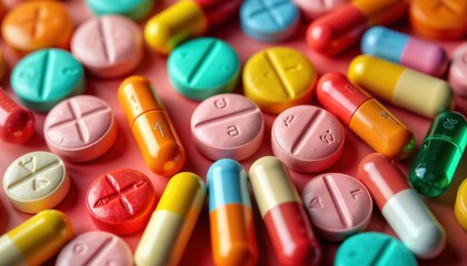 Colorful assortment of pills, capsules. Various shapes, colors. Close-up photo of different medications. Pharmaceutical product display. Health care concept. Medicine variety. Drug treatment.
