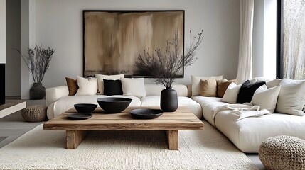 A warm and minimalist living room featuring a barn wood coffee table, a neutral-toned corner sofa with textured throw pillows, natural light gently illuminating the room,