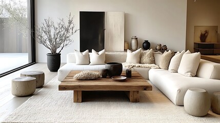 A warm and minimalist living room featuring a barn wood coffee table, a neutral-toned corner sofa with textured throw pillows, natural light gently illuminating the room,