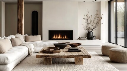 A warm and serene Scandinavian-inspired living room with a barn wood coffee table, a soft wool rug in light tones, a sleek corner sofa with natural fabrics, a minimalist white fireplace,
