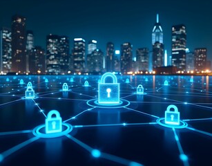 Futuristic Cybersecurity Network with Glowing Padlocks Over Cityscape