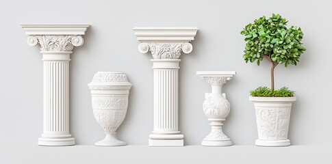 Fototapeta premium Balustrades for balconies, terraces, and parapets. 3D white stone or marble pillars, columns, balusters, handrails, and base of classic ancient fence.