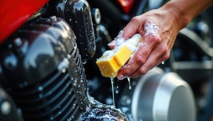 Person meticulously washes motorcycle with hose, sponge. Closeup view of care routine. Detailing of vehicle surface. Manual cleaning process. Effort, attention to detail. Fresh water, suds. Focus on