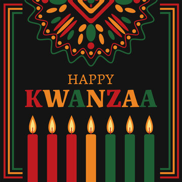 Happy kwanzaa banner with abstract ornament celebrating annual holiday. Vector illustration.
