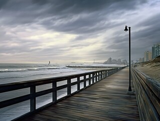 Fototapeta premium Seaside Boardwalk Under Moody Cloudy Skies with Distant Cityscape and Gentle Ocean Waves Creating a Serene and Atmospheric Coastal Scene Capturing Tranquility and Depth 