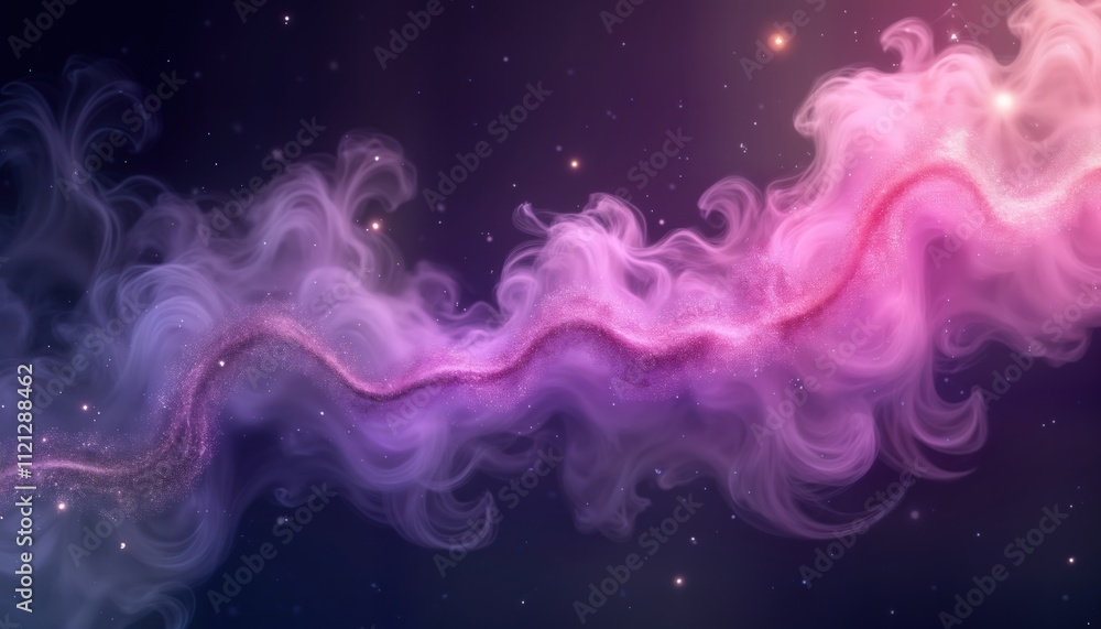 Poster Purple magic smoke effect flows from cloud in space. Abstract design with shimmering particles. Realistic, transparent effect. Flowing patterns create dynamic motion. Illustration perfect for