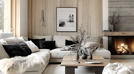 A peaceful rustic living space with a beige corner sofa, cozy fur pillows, a glowing minimalist stone fireplace, and warm wooden panel walls,