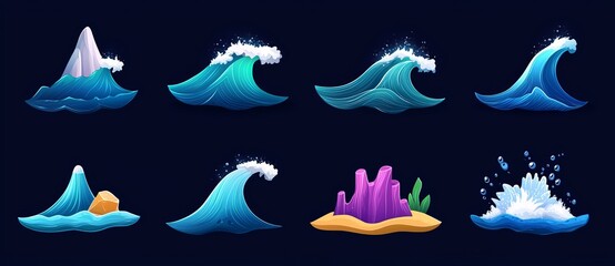 Fototapeta premium Sprite sheet with water splashes VFX animation motion design elements. Cartoon ocean stream with drops and splatters, animation storyboard.