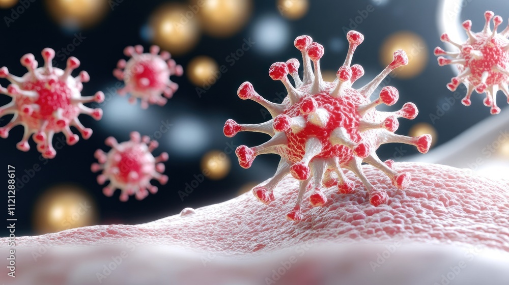 Poster microscopic view of a virus with surrounding particles.