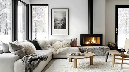 A Scandinavian-inspired living room featuring a light gray corner sofa with natural fur pillows, a sleek stone fireplace glowing warmly, light oak furniture,