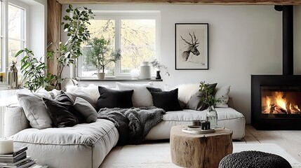 Obraz premium A serene living room with a corner sofa draped in fur accents, surrounded by lush indoor plants, rustic wooden beams, and a softly glowing modern fireplace,