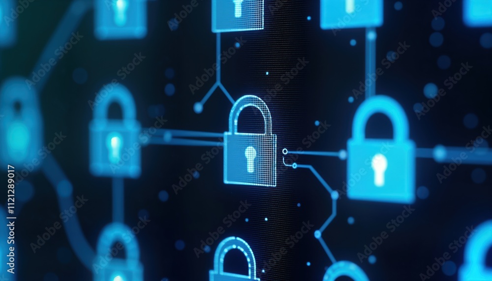 Aufkleber Digital screen shows many locked file icons. Secure data protection displayed. Network security important. Encrypted data. Virtual digital interface. Data safety on tech device. Modern tech.