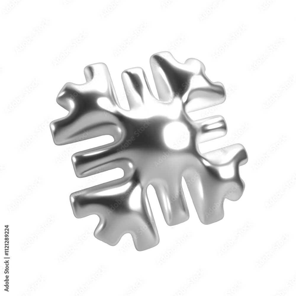 Poster 3d chrome snowflake with shiny reflective silver metallic surface. isolated vector design element fo