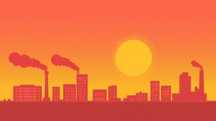 Urban Silhouette at Sunset with Smokestacks and Vibrant Orange Sky