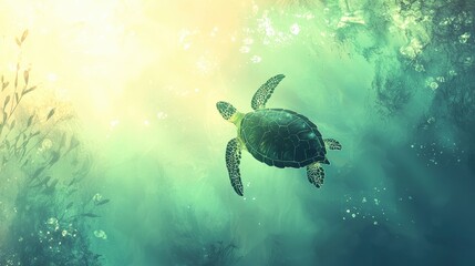 Obraz premium Swimming sea turtle in vibrant underwater scene ocean depths nature photography tranquil environment