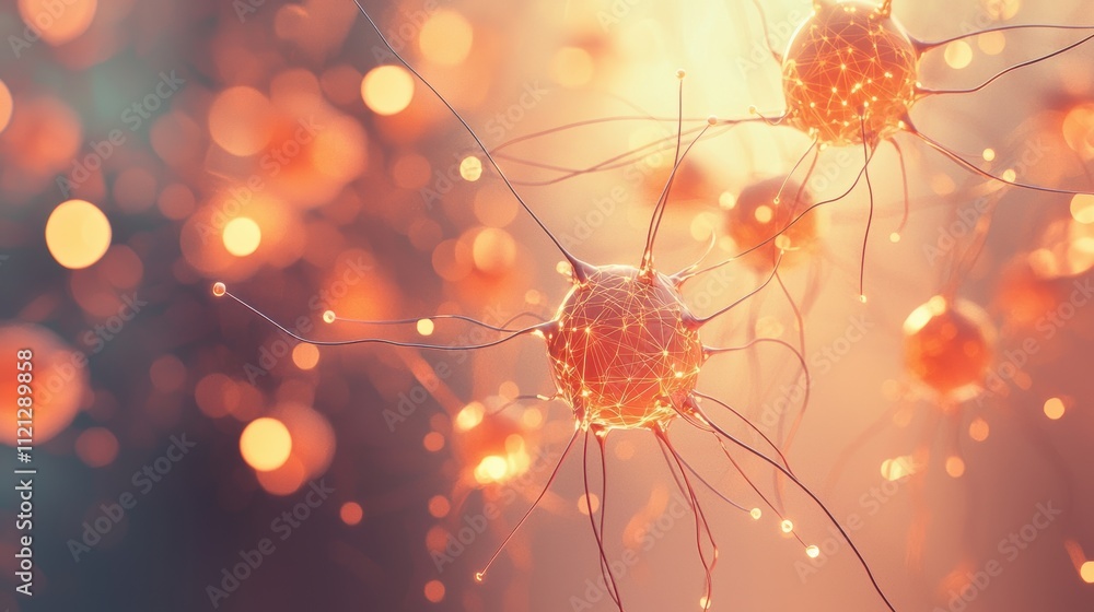 Poster scientific visualization of neuron activity close-up digital microscopy in abstract settings