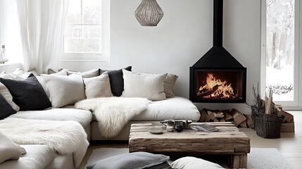 An elegant warm rustic interior with a beige corner sofa, fluffy fur cushions, a slim matte black fireplace as the centerpiece, reclaimed wooden furniture adding texture,