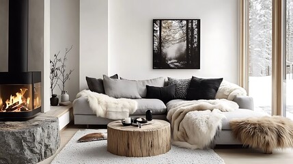 Bright Scandinavian-inspired living room with a gray corner sofa, fur throws for warmth, a minimalist stone fireplace glowing gently, light oak furniture,