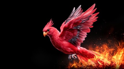 Phoenix Rising: A majestic red bird soars through a fiery blaze, its wings outstretched in a powerful symbol of rebirth and resilience. The image evokes a sense of strength and determination.