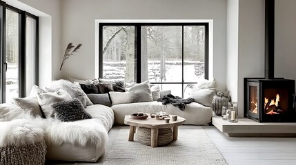 Chic minimalist interior with a corner sofa covered in neutral fabric, fur accents, a warm modern fireplace enclosed in glass, and light oak furniture complementing clean lines and earthy tones,