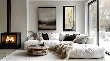 Clean and elegant living room featuring a white corner sofa, fur throws for a cozy touch, a matte black fireplace glowing softly, and natural raw wooden flooring,