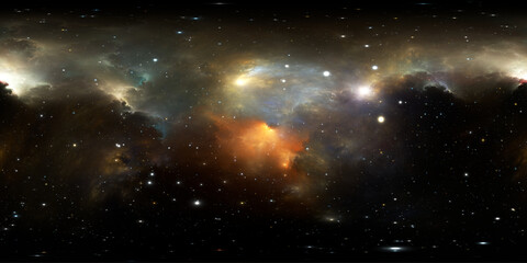 360 degree fantasy space nebula. Giant interstellar cloud with stars, equirectangular projection, environment map. HDRI spherical panorama. Fractal art