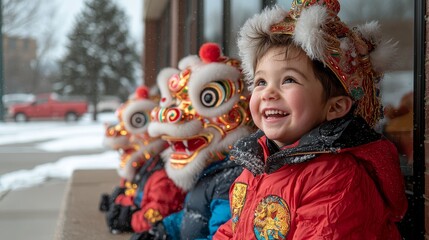 Joyful child celebrating with traditional lion dancers in winter setting