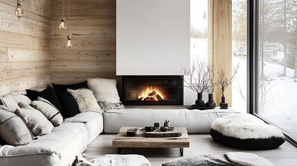 Cozy and minimalist rustic interior design with a neutral corner sofa, plush fur cushions, a glowing modern fireplace, and a backdrop of warm wood paneling,