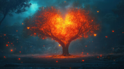 Enchanting Heart-Shaped Tree in a Mystical Forest at Night. A captivating image of a tree ablaze with a heart-shaped glow, surrounded by a dark, mystical forest at night.