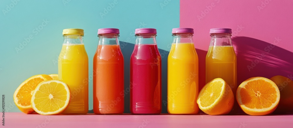 Poster six glass bottles of juice on a pink background with halved oranges in front.