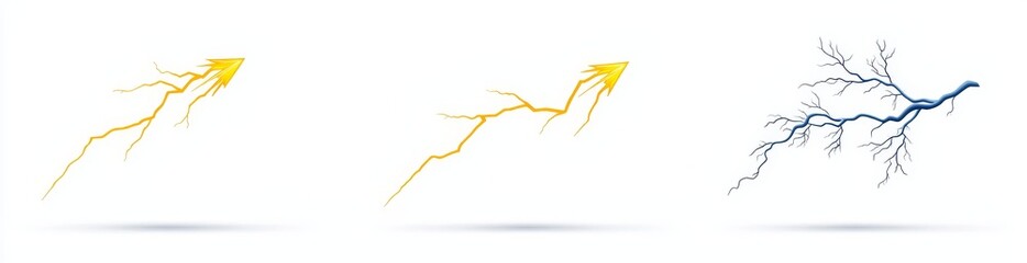 An electric thunderbolt strikes during a night storm. Powerful electrical discharge, impact, crack, magical energy flash. Realistic 3D modern bolts isolated on black background.