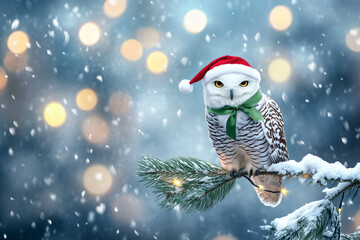 Obraz premium Realistic Snowy Owl with Santa Hat and Green Ribbon on Snowy Pine Branch
