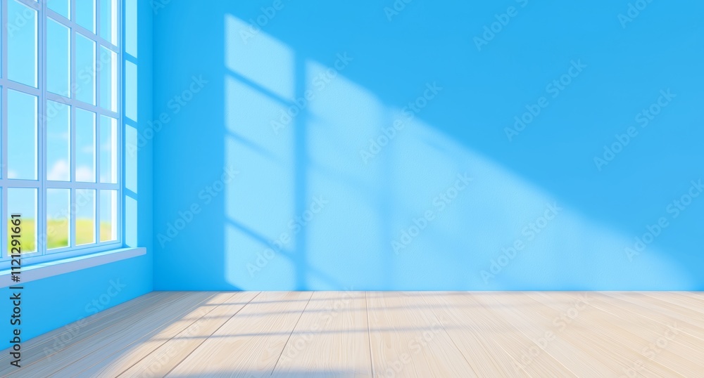 Poster an empty corner of a room with light and shadows coming from the window against blue walls and a woo