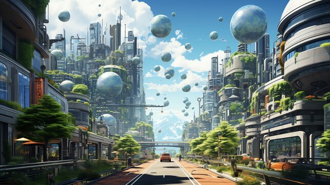 Futuristic city street with floating orbs, lush greenery, and a car driving down a road. - Powered by Adobe