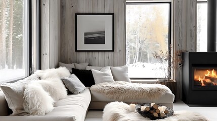 Minimalist rustic interior with a beige corner sofa, fluffy fur pillows, a sleek fireplace framed by rich wood paneling, and soft golden lighting creating a serene and inviting ambiance, hd quality,