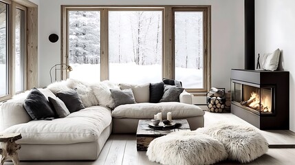 Minimalist rustic interior with a beige corner sofa, fluffy fur pillows, a sleek fireplace framed by rich wood paneling, and soft golden lighting creating a serene and inviting ambiance, hd quality,