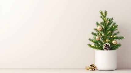 A small Christmas tree with gold ornaments sits in a white pot