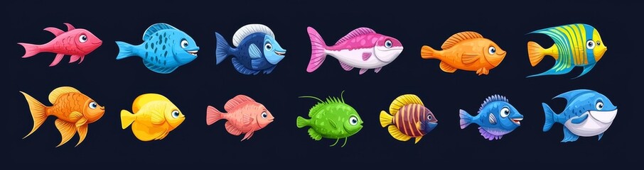 Fototapeta premium The illustration of a cute set of sea fish isolated on a dark background shows animal characters with big, friendly eyes and smiles. It features colorful tropical coral reef inhabitants.