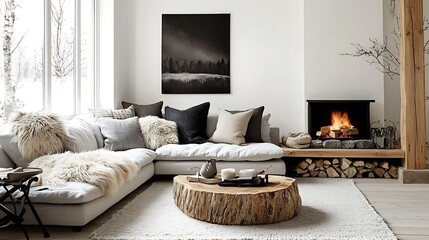 Modern Scandinavian interior with a light gray corner sofa adorned with fur pillows, a minimalist stone fireplace emitting soft warmth, natural wooden accents,