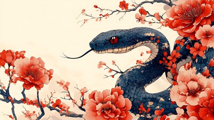 Obraz premium Snake with Red Eyes and Flowered Branch