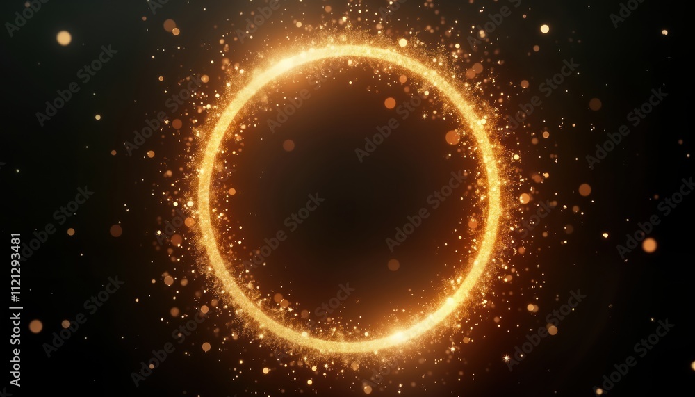 Poster Golden glitter circle with soft glow. Light sparkles form round frame on black background. Sparkling golden particles create glowing effect. Design used as holiday card, banner celebration element.