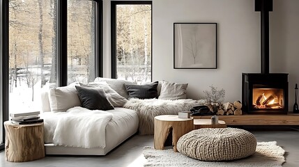 Organic modern interior with a textured corner sofa, fur throws adding a cozy touch, a sleek linear fireplace glowing warmly, and woven accents blending with wooden decor,