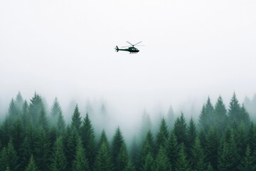 Helicopter Over Misty Winter Forest Aerial Search and Rescue Scene
