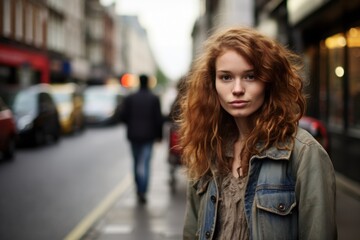 A woman with red hair stands on a city street