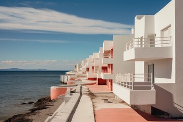 A row of white buildings with pink accents sit on a beach