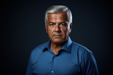 Obraz premium A man in a blue shirt is standing in front of a dark background