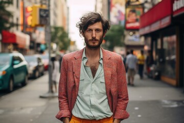 A man in a red jacket stands on a city street
