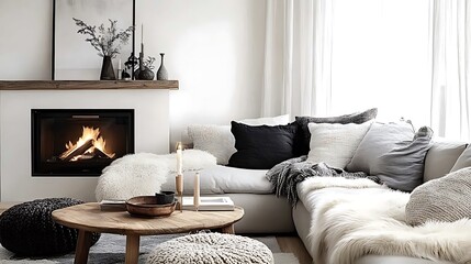 Stylish living space featuring a modern corner sofa, fur cushions for luxury, a slim fireplace blending into the wall, and a mix of woven and wooden textures adding depth,