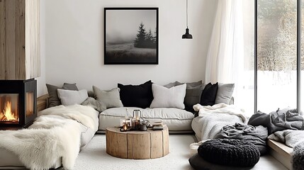 Stylish living space featuring a modern corner sofa, fur cushions for luxury, a slim fireplace blending into the wall, and a mix of woven and wooden textures adding depth,